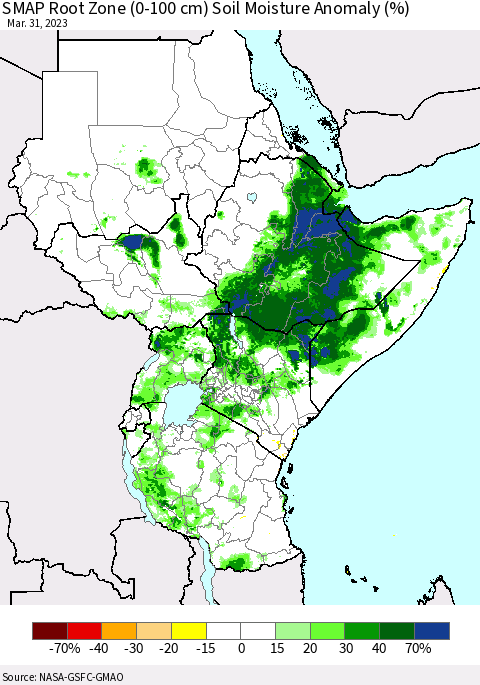 Eastern Africa SMAP Root Zone (0-100 cm) Soil Moisture Anomaly (%) Thematic Map For 3/26/2023 - 3/31/2023