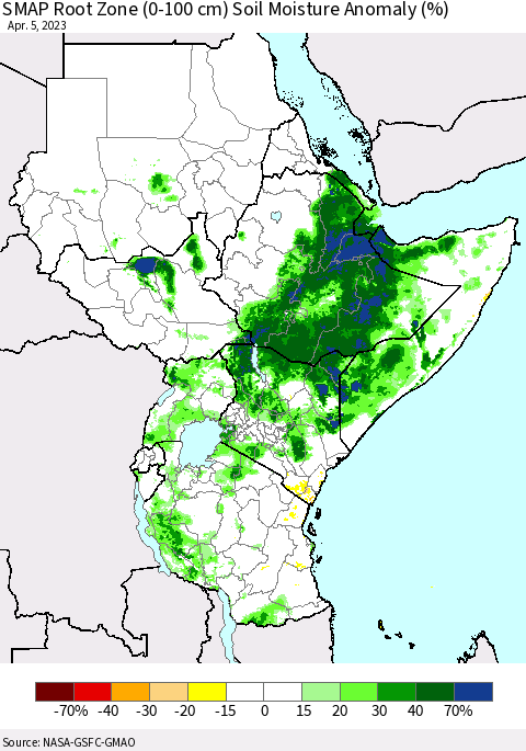 Eastern Africa SMAP Root Zone (0-100 cm) Soil Moisture Anomaly (%) Thematic Map For 4/1/2023 - 4/5/2023