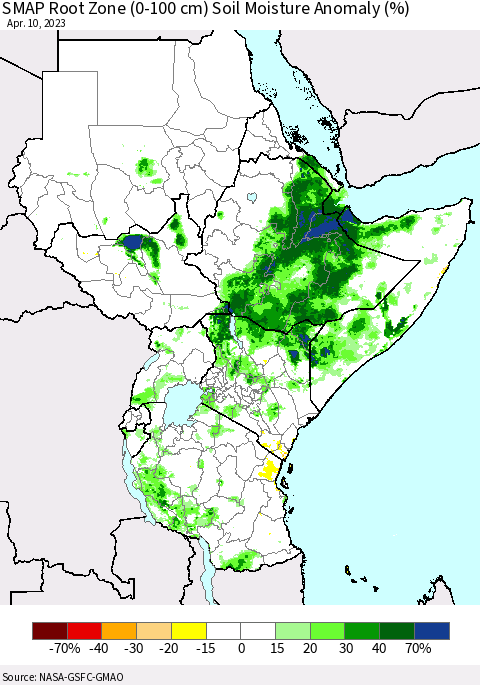 Eastern Africa SMAP Root Zone (0-100 cm) Soil Moisture Anomaly (%) Thematic Map For 4/6/2023 - 4/10/2023