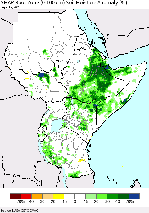 Eastern Africa SMAP Root Zone (0-100 cm) Soil Moisture Anomaly (%) Thematic Map For 4/11/2023 - 4/15/2023