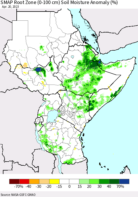 Eastern Africa SMAP Root Zone (0-100 cm) Soil Moisture Anomaly (%) Thematic Map For 4/16/2023 - 4/20/2023