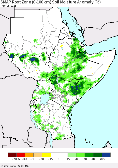 Eastern Africa SMAP Root Zone (0-100 cm) Soil Moisture Anomaly (%) Thematic Map For 4/21/2023 - 4/25/2023