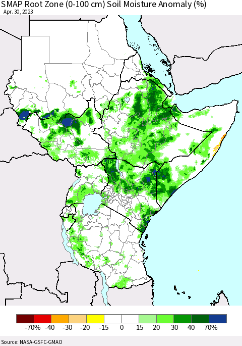 Eastern Africa SMAP Root Zone (0-100 cm) Soil Moisture Anomaly (%) Thematic Map For 4/26/2023 - 4/30/2023