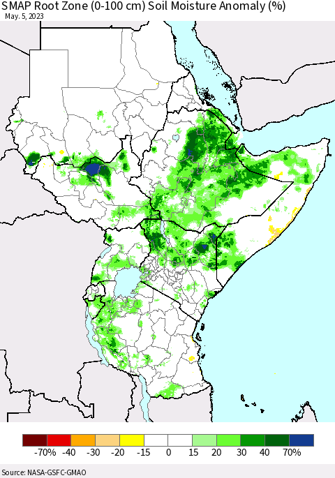 Eastern Africa SMAP Root Zone (0-100 cm) Soil Moisture Anomaly (%) Thematic Map For 5/1/2023 - 5/5/2023