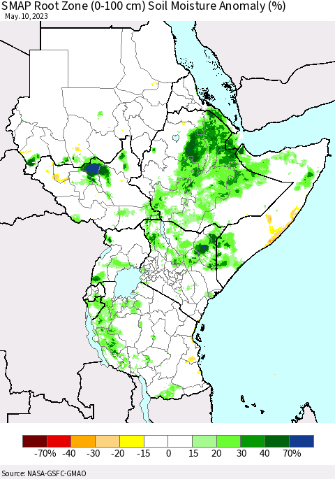 Eastern Africa SMAP Root Zone (0-100 cm) Soil Moisture Anomaly (%) Thematic Map For 5/6/2023 - 5/10/2023