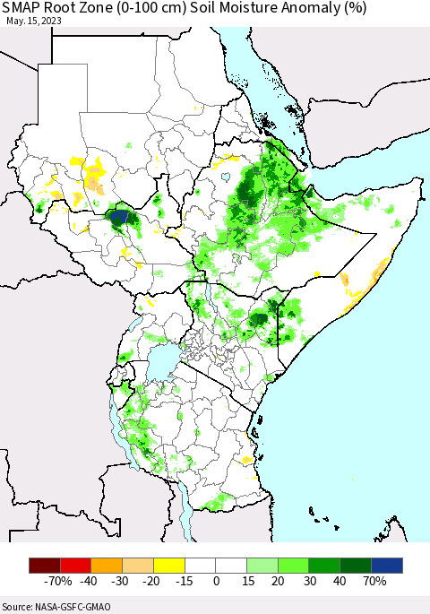 Eastern Africa SMAP Root Zone (0-100 cm) Soil Moisture Anomaly (%) Thematic Map For 5/11/2023 - 5/15/2023