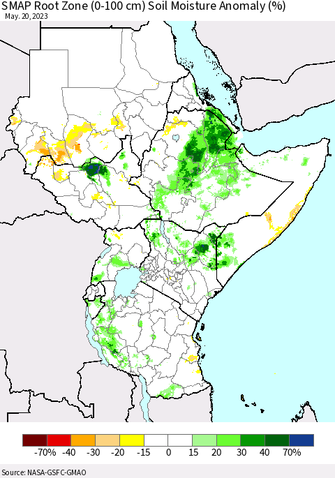 Eastern Africa SMAP Root Zone (0-100 cm) Soil Moisture Anomaly (%) Thematic Map For 5/16/2023 - 5/20/2023