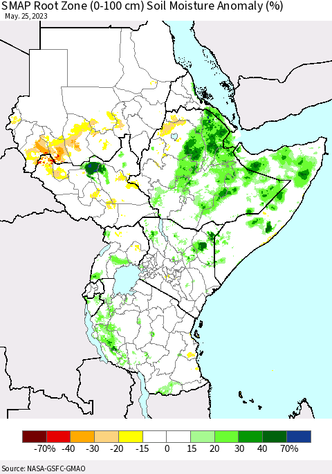 Eastern Africa SMAP Root Zone (0-100 cm) Soil Moisture Anomaly (%) Thematic Map For 5/21/2023 - 5/25/2023