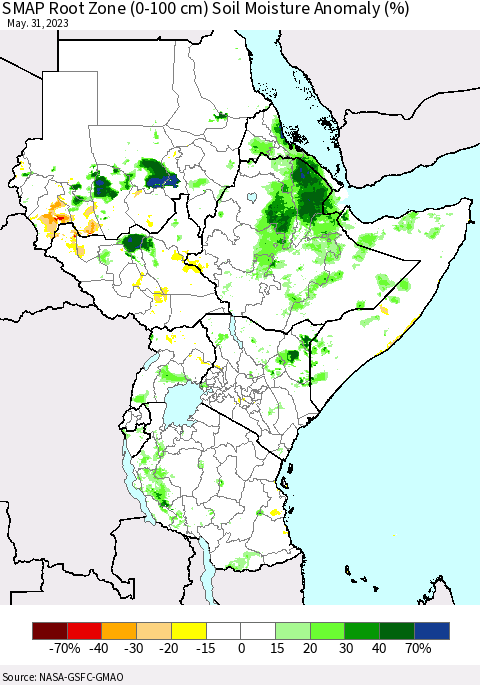 Eastern Africa SMAP Root Zone (0-100 cm) Soil Moisture Anomaly (%) Thematic Map For 5/26/2023 - 5/31/2023