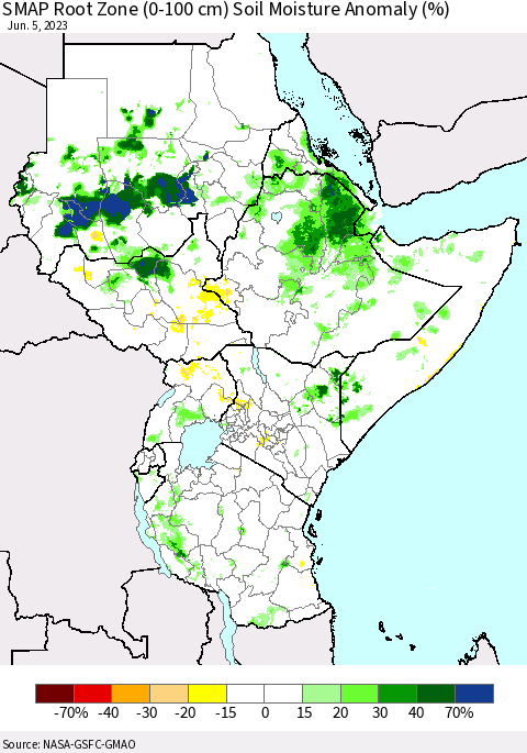 Eastern Africa SMAP Root Zone (0-100 cm) Soil Moisture Anomaly (%) Thematic Map For 6/1/2023 - 6/5/2023