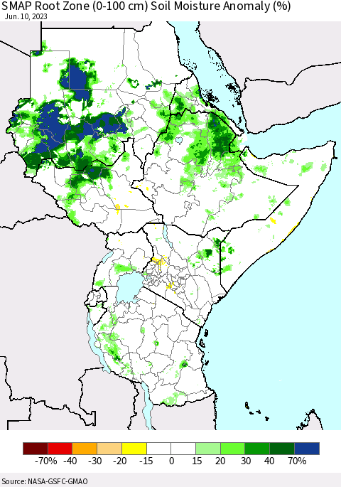 Eastern Africa SMAP Root Zone (0-100 cm) Soil Moisture Anomaly (%) Thematic Map For 6/6/2023 - 6/10/2023