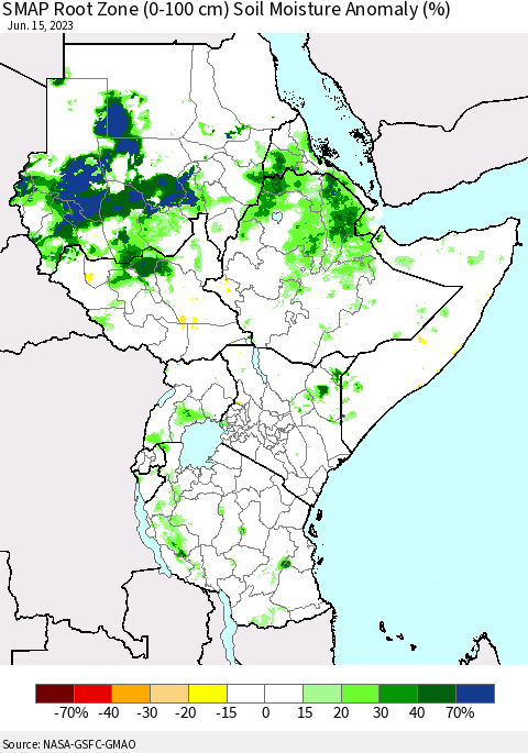 Eastern Africa SMAP Root Zone (0-100 cm) Soil Moisture Anomaly (%) Thematic Map For 6/11/2023 - 6/15/2023