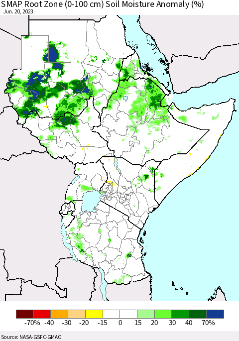 Eastern Africa SMAP Root Zone (0-100 cm) Soil Moisture Anomaly (%) Thematic Map For 6/16/2023 - 6/20/2023