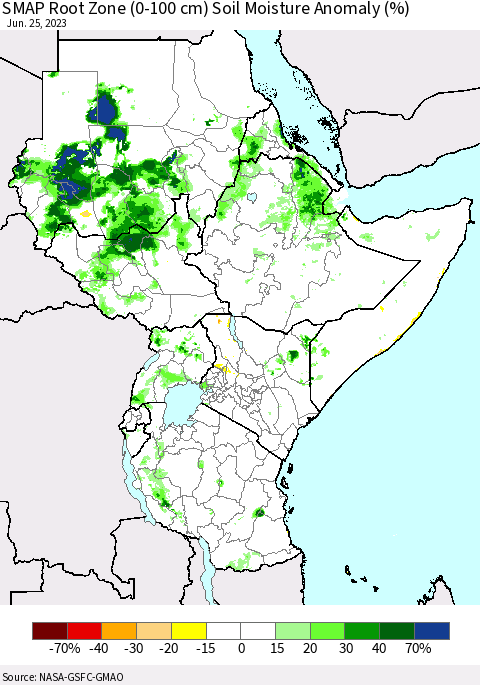 Eastern Africa SMAP Root Zone (0-100 cm) Soil Moisture Anomaly (%) Thematic Map For 6/21/2023 - 6/25/2023