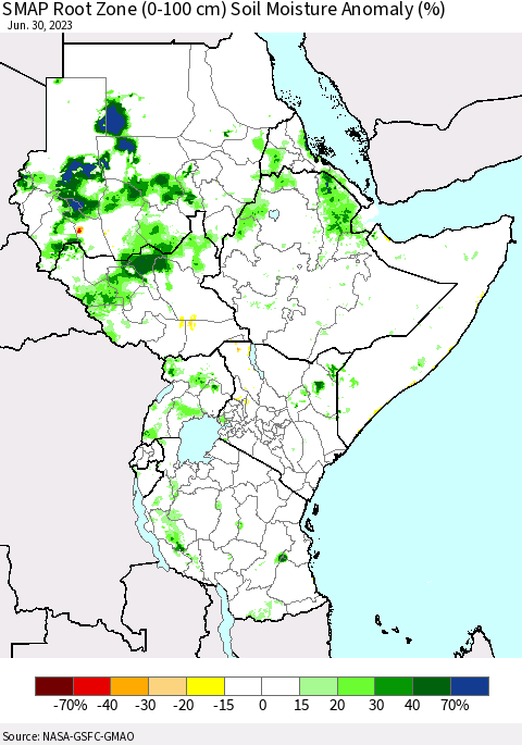 Eastern Africa SMAP Root Zone (0-100 cm) Soil Moisture Anomaly (%) Thematic Map For 6/26/2023 - 6/30/2023