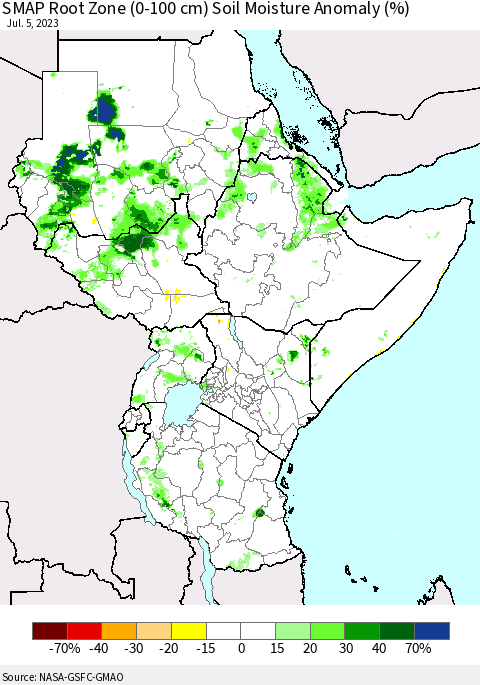 Eastern Africa SMAP Root Zone (0-100 cm) Soil Moisture Anomaly (%) Thematic Map For 7/1/2023 - 7/5/2023