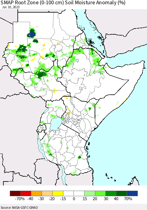 Eastern Africa SMAP Root Zone (0-100 cm) Soil Moisture Anomaly (%) Thematic Map For 7/6/2023 - 7/10/2023