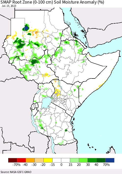 Eastern Africa SMAP Root Zone (0-100 cm) Soil Moisture Anomaly (%) Thematic Map For 7/11/2023 - 7/15/2023