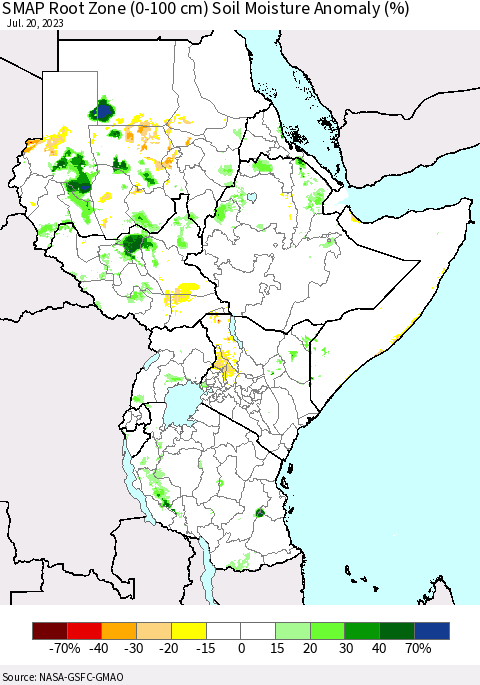 Eastern Africa SMAP Root Zone (0-100 cm) Soil Moisture Anomaly (%) Thematic Map For 7/16/2023 - 7/20/2023
