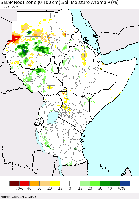 Eastern Africa SMAP Root Zone (0-100 cm) Soil Moisture Anomaly (%) Thematic Map For 7/26/2023 - 7/31/2023