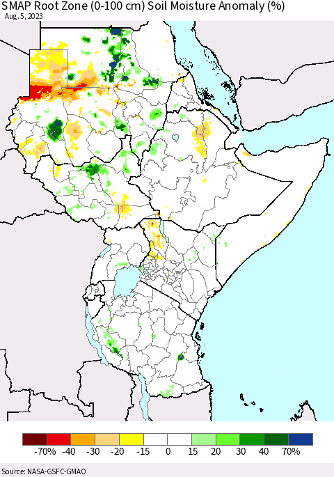Eastern Africa SMAP Root Zone (0-100 cm) Soil Moisture Anomaly (%) Thematic Map For 8/1/2023 - 8/5/2023