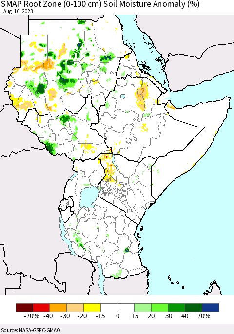 Eastern Africa SMAP Root Zone (0-100 cm) Soil Moisture Anomaly (%) Thematic Map For 8/6/2023 - 8/10/2023