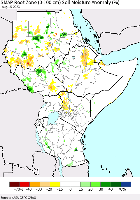 Eastern Africa SMAP Root Zone (0-100 cm) Soil Moisture Anomaly (%) Thematic Map For 8/11/2023 - 8/15/2023