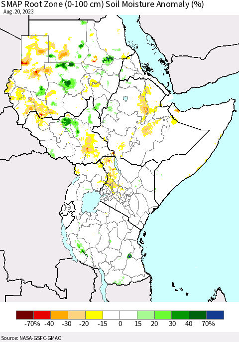 Eastern Africa SMAP Root Zone (0-100 cm) Soil Moisture Anomaly (%) Thematic Map For 8/16/2023 - 8/20/2023