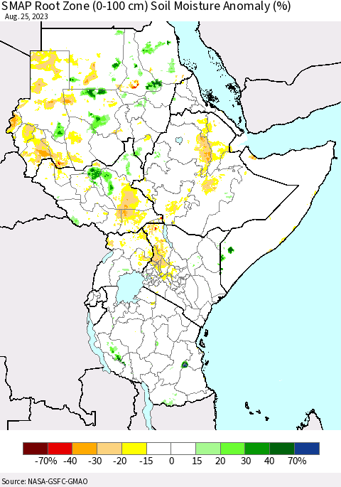 Eastern Africa SMAP Root Zone (0-100 cm) Soil Moisture Anomaly (%) Thematic Map For 8/21/2023 - 8/25/2023