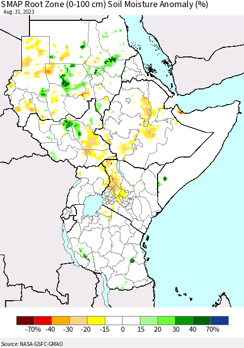 Eastern Africa SMAP Root Zone (0-100 cm) Soil Moisture Anomaly (%) Thematic Map For 8/26/2023 - 8/31/2023