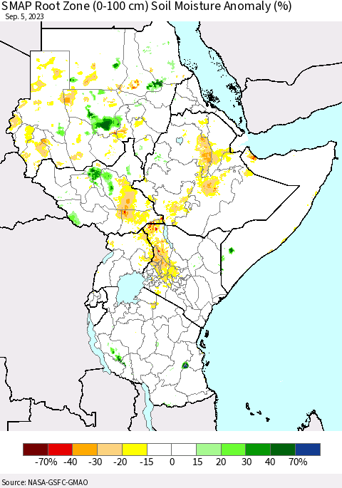 Eastern Africa SMAP Root Zone (0-100 cm) Soil Moisture Anomaly (%) Thematic Map For 9/1/2023 - 9/5/2023