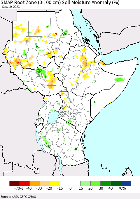 Eastern Africa SMAP Root Zone (0-100 cm) Soil Moisture Anomaly (%) Thematic Map For 9/6/2023 - 9/10/2023