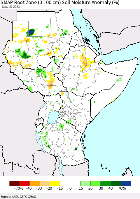 Eastern Africa SMAP Root Zone (0-100 cm) Soil Moisture Anomaly (%) Thematic Map For 9/11/2023 - 9/15/2023