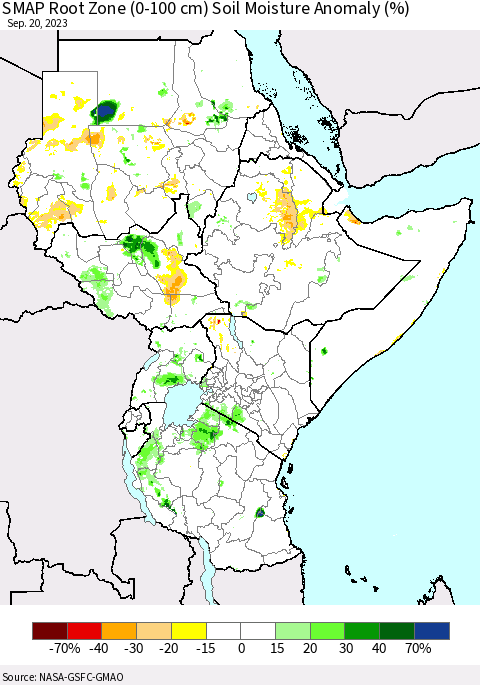 Eastern Africa SMAP Root Zone (0-100 cm) Soil Moisture Anomaly (%) Thematic Map For 9/16/2023 - 9/20/2023