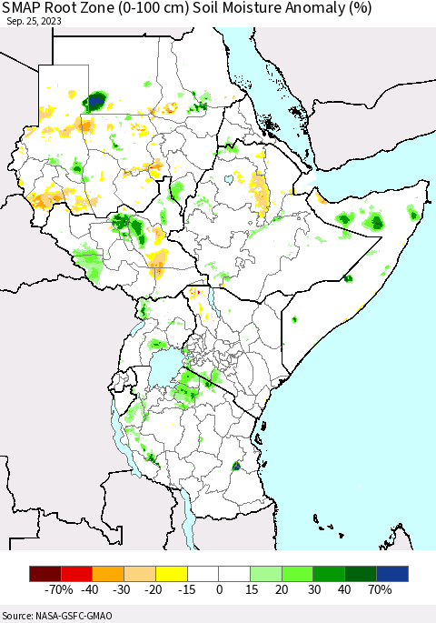 Eastern Africa SMAP Root Zone (0-100 cm) Soil Moisture Anomaly (%) Thematic Map For 9/21/2023 - 9/25/2023