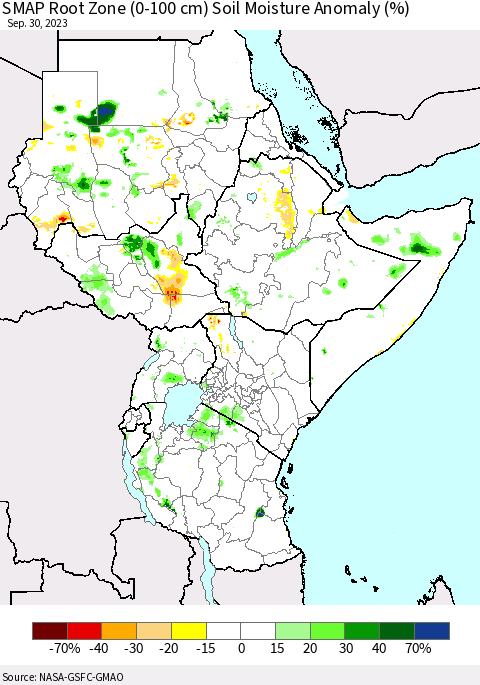 Eastern Africa SMAP Root Zone (0-100 cm) Soil Moisture Anomaly (%) Thematic Map For 9/26/2023 - 9/30/2023