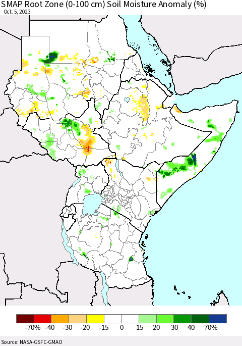 Eastern Africa SMAP Root Zone (0-100 cm) Soil Moisture Anomaly (%) Thematic Map For 10/1/2023 - 10/5/2023