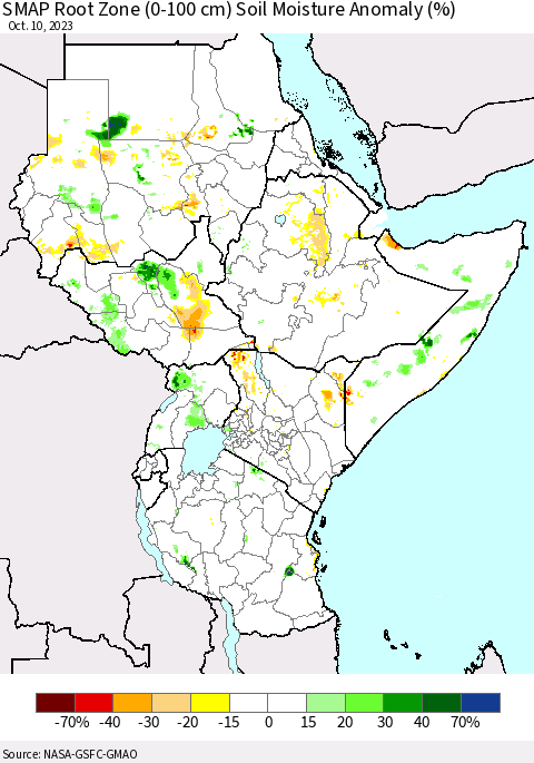 Eastern Africa SMAP Root Zone (0-100 cm) Soil Moisture Anomaly (%) Thematic Map For 10/6/2023 - 10/10/2023