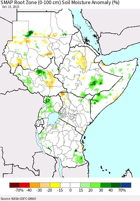 Eastern Africa SMAP Root Zone (0-100 cm) Soil Moisture Anomaly (%) Thematic Map For 10/11/2023 - 10/15/2023