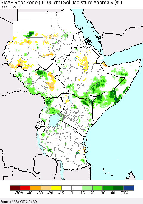 Eastern Africa SMAP Root Zone (0-100 cm) Soil Moisture Anomaly (%) Thematic Map For 10/16/2023 - 10/20/2023