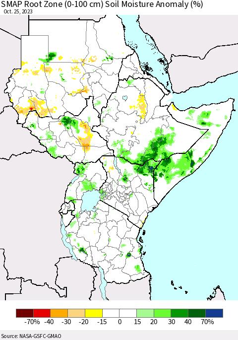 Eastern Africa SMAP Root Zone (0-100 cm) Soil Moisture Anomaly (%) Thematic Map For 10/21/2023 - 10/25/2023
