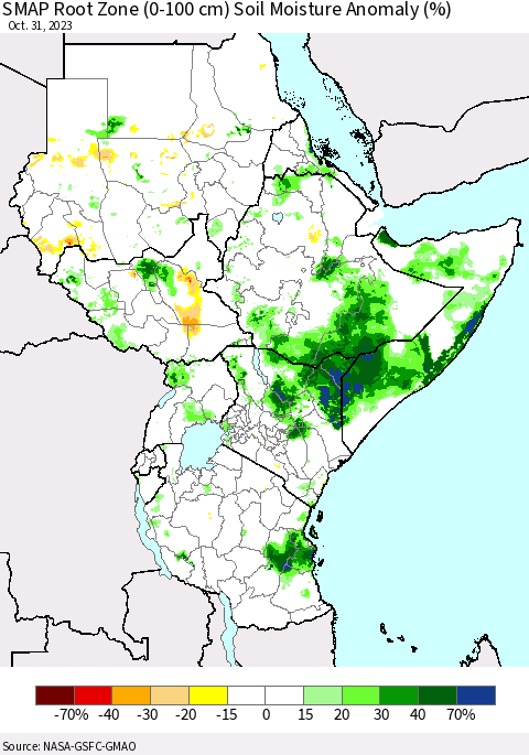 Eastern Africa SMAP Root Zone (0-100 cm) Soil Moisture Anomaly (%) Thematic Map For 10/26/2023 - 10/31/2023