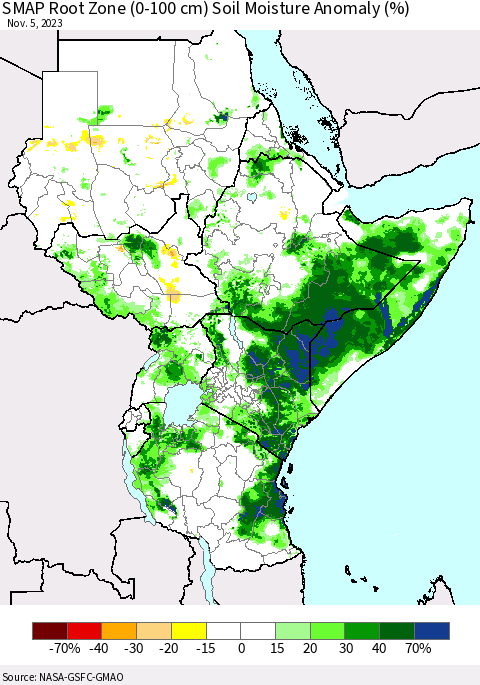 Eastern Africa SMAP Root Zone (0-100 cm) Soil Moisture Anomaly (%) Thematic Map For 11/1/2023 - 11/5/2023