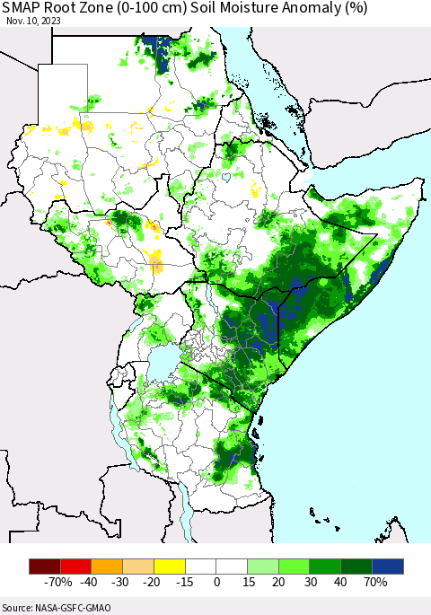Eastern Africa SMAP Root Zone (0-100 cm) Soil Moisture Anomaly (%) Thematic Map For 11/6/2023 - 11/10/2023