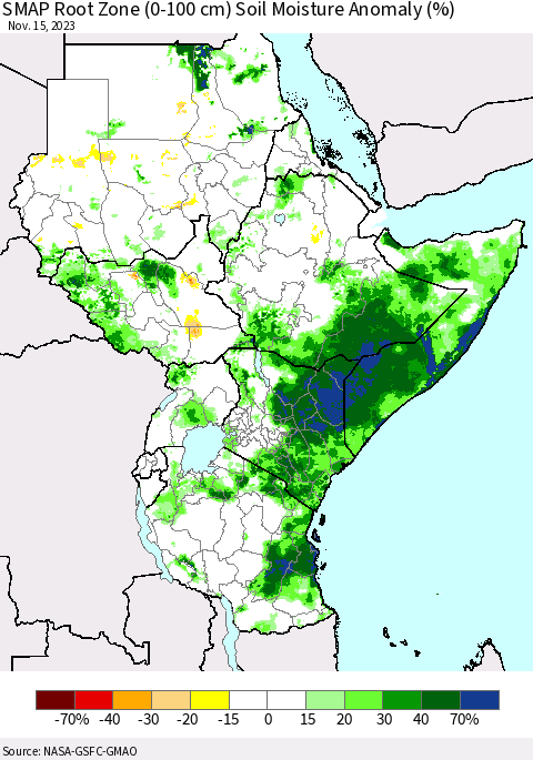 Eastern Africa SMAP Root Zone (0-100 cm) Soil Moisture Anomaly (%) Thematic Map For 11/11/2023 - 11/15/2023