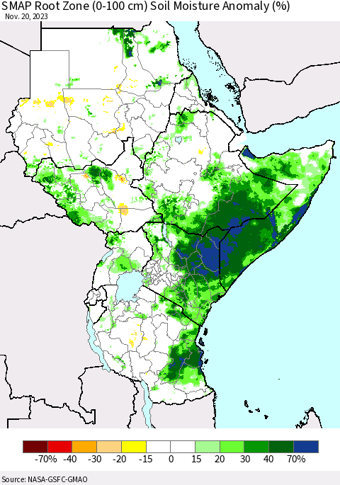 Eastern Africa SMAP Root Zone (0-100 cm) Soil Moisture Anomaly (%) Thematic Map For 11/16/2023 - 11/20/2023
