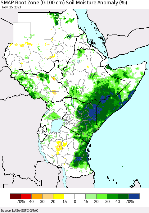 Eastern Africa SMAP Root Zone (0-100 cm) Soil Moisture Anomaly (%) Thematic Map For 11/21/2023 - 11/25/2023