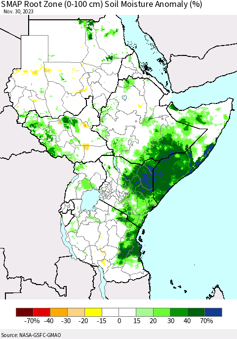 Eastern Africa SMAP Root Zone (0-100 cm) Soil Moisture Anomaly (%) Thematic Map For 11/26/2023 - 11/30/2023