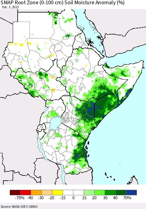 Eastern Africa SMAP Root Zone (0-100 cm) Soil Moisture Anomaly (%) Thematic Map For 12/1/2023 - 12/5/2023