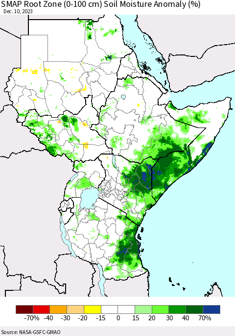 Eastern Africa SMAP Root Zone (0-100 cm) Soil Moisture Anomaly (%) Thematic Map For 12/6/2023 - 12/10/2023